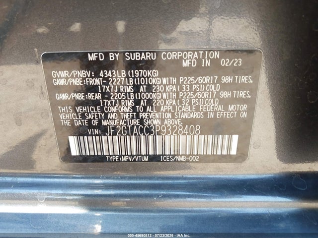 Продажа на аукционе авто 2023 Subaru Crosstrek Premium, vin: JF2GTACC3P9328408, номер лота: 45690812