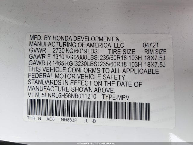 Honda ODYSSEY EX 2022 5FNRL6H56NB011210 Image 9