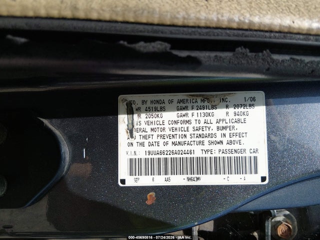 45690816 :رقم المزاد ، 19UUA66226A024461 vin ، 2006 Acura Tl مزاد بيع