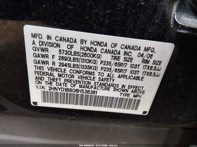 45690829 :رقم المزاد ، 2HNYD18806H538381 vin ، 2006 Acura Mdx مزاد بيع