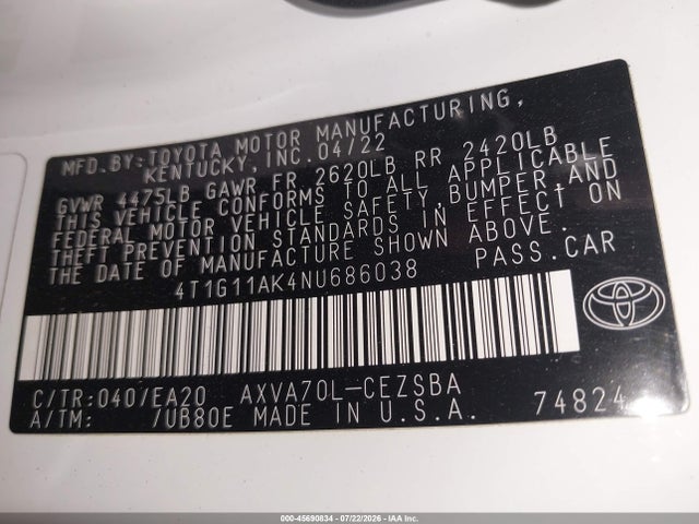 Toyota CAMRY SE 2022 4T1G11AK4NU686038 Image 9