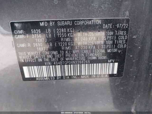 Subaru Outback Touring Xt 2022 4S4BTGPDXN3268265 Image 9