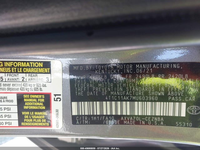 4T1C11AK7MU603960 Toyota CAMRY LE