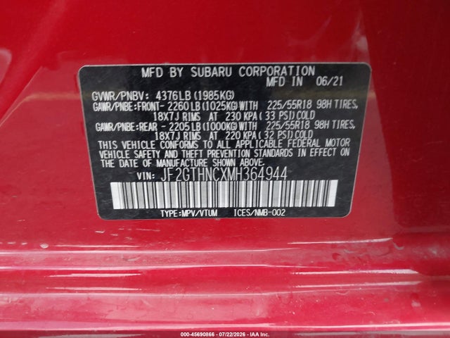 Продажа на аукционе авто 2021 Subaru Crosstrek Limited, vin: JF2GTHNCXMH364944, номер лота: 45690866