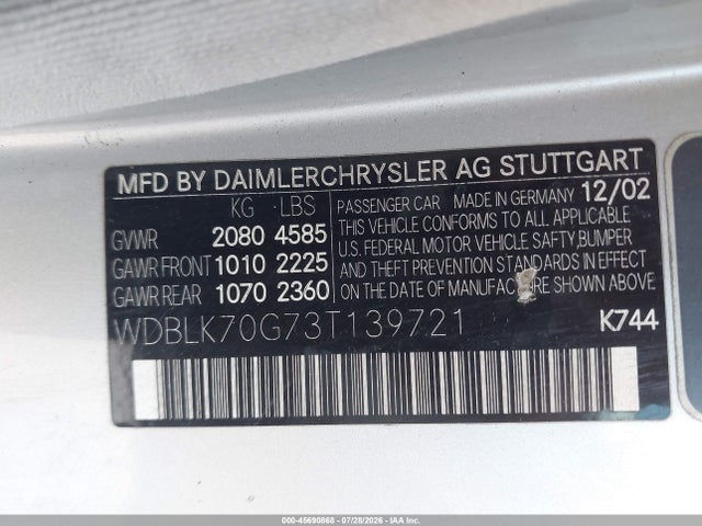 Продажа на аукционе авто 2003 Mercedes-benz Clk 430, vin: WDBLK70G73T139721, номер лота: 45690868