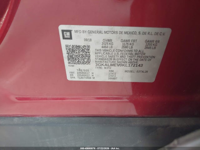 Aukcja sprzedaży 2019 Gmc Terrain Sle, vin: 3GKALMEV0KL172143, numer aukcji: 45690876