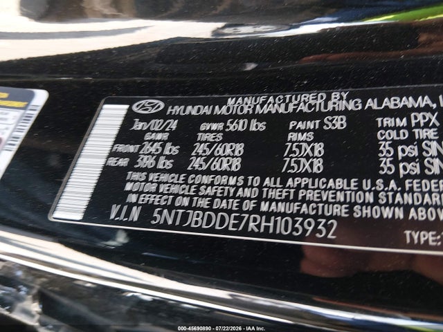 Aukcja sprzedaży 2024 Hyundai Santa Cruz Sel, vin: 5NTJBDDE7RH103932, numer aukcji: 45690890