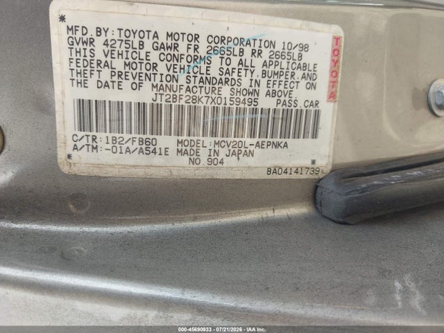1999 Toyota Camry Le V6 მანქანა იყიდება აუქციონზე, vin: JT2BF28K7X0159495, აუქციონის ნომერი: 45690933