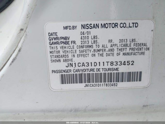Aukcja sprzedaży 2001 Nissan Maxima Gxe, vin: JN1CA31D11T833452, numer aukcji: 45690945