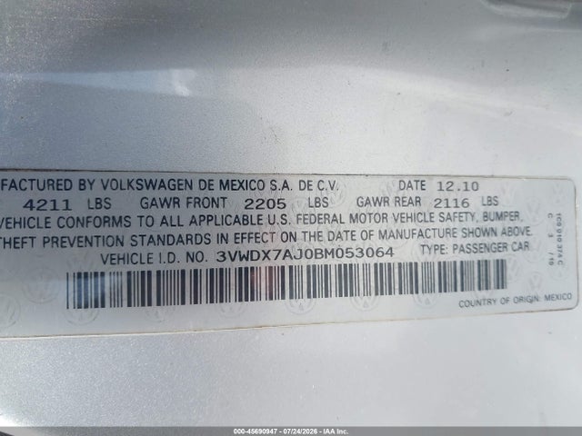 Продаж на аукціоні авто 2011 Volkswagen Jetta 2.5l Se, vin: 3VWDX7AJ0BM053064, номер лоту: 45690947