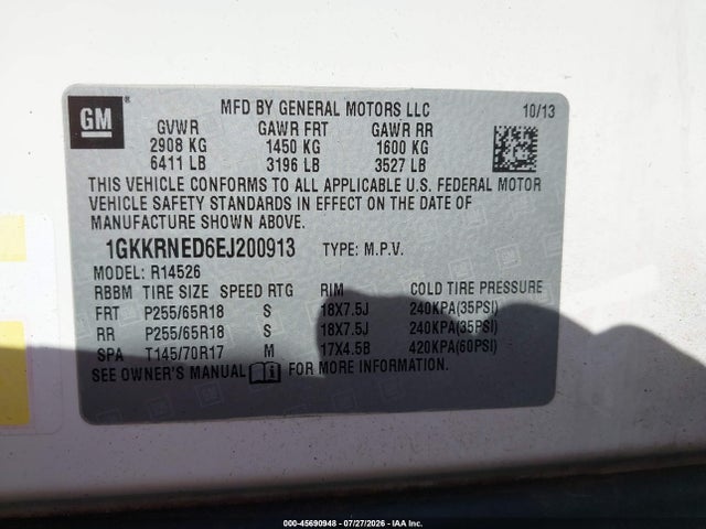 Aukcja sprzedaży 2014 Gmc Acadia Sle-1, vin: 1GKKRNED6EJ200913, numer aukcji: 45690948