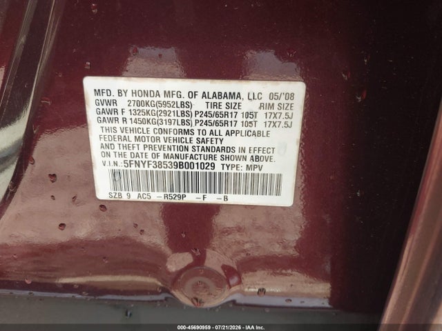 2009 Honda Pilot Ex-l მანქანა იყიდება აუქციონზე, vin: 5FNYF38539B001029, აუქციონის ნომერი: 45690959