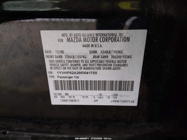 Продажа на аукционе авто 2009 Mazda Mazda6 I Touring, vin: 1YVHP82A295M41755, номер лота: 45690971
