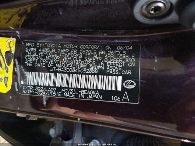 Продаж на аукціоні авто 2004 Lexus Es 330, vin: JTHBA30G845052858, номер лоту: 45690979