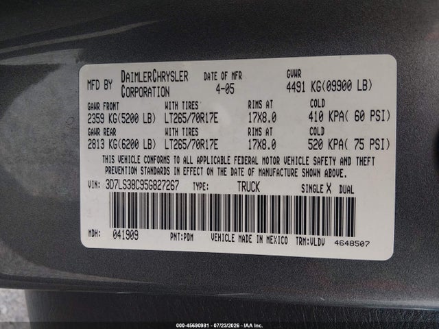 2005 Dodge Ram 3500 Slt/laramie მანქანა იყიდება აუქციონზე, vin: 3D7LS38C95G827267, აუქციონის ნომერი: 45690981