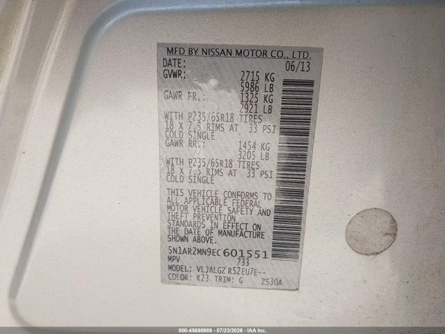 Продажа на аукционе авто 2014 Nissan Pathfinder Sl, vin: 5N1AR2MN9EC601551, номер лота: 45690986