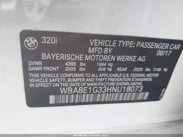 Продажа на аукционе авто 2017 Bmw 320i, vin: WBA8E1G33HNU18073, номер лота: 45691000
