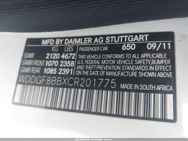 45691010 :رقم المزاد ، WDDGF8BBXCR201775 vin ، 2012 Mercedes-benz C 300 Sport 4matic مزاد بيع