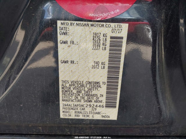 1N4AL3AP5HC292446 Nissan Altima 2.5 Sv