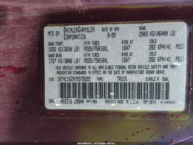 2000 Dodge Ram 1500 St მანქანა იყიდება აუქციონზე, vin: 1B7HC16ZXYS579293, აუქციონის ნომერი: 45691072