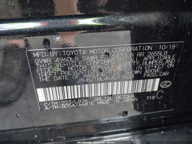 45691096 :رقم المزاد ، JTHBZ1BL4KA017603 vin ، 2019 Lexus Gs 350 F Sport مزاد بيع