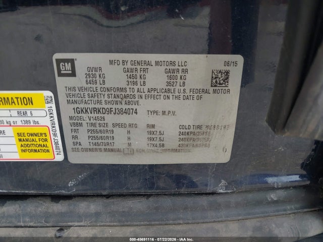 45691116 :رقم المزاد ، 1GKKVRKD9FJ384074 vin ، 2015 Gmc Acadia Slt مزاد بيع