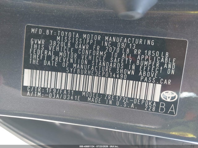 2014 Toyota Corolla L მანქანა იყიდება აუქციონზე, vin: 5YFBURHE3EP014490, აუქციონის ნომერი: 45691124