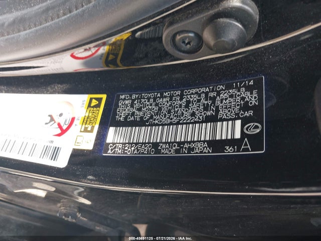 45691125 :رقم المزاد ، JTHKD5BH5F2222431 vin ، 2015 Lexus Ct 200h مزاد بيع