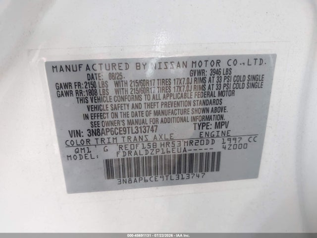 3N8AP6CE9TL313747 Nissan KICKS SV