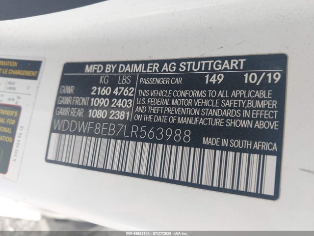 45691134 :رقم المزاد ، WDDWF8EB7LR563988 vin ، 2020 Mercedes-benz C 300 4matic مزاد بيع