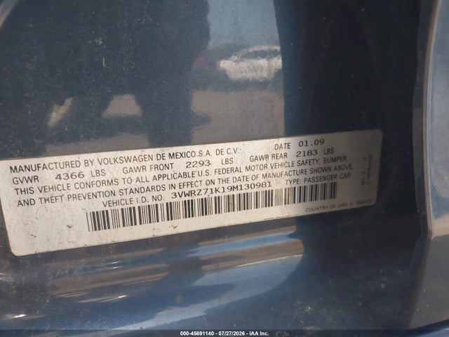 2009 Volkswagen Jetta Se მანქანა იყიდება აუქციონზე, vin: 3VWRZ71K19M130981, აუქციონის ნომერი: 45691140