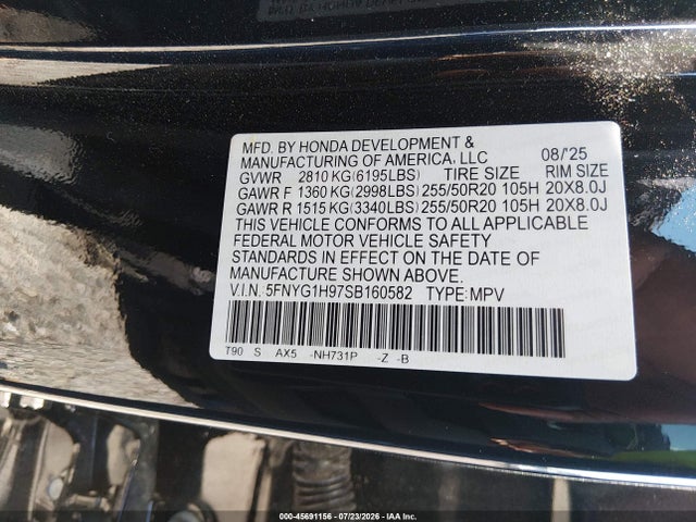 Aukcja sprzedaży 2025 Honda Pilot Black Edition, vin: 5FNYG1H97SB160582, numer aukcji: 45691156