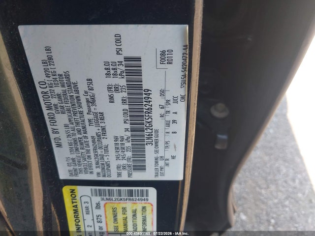 Aukcja sprzedaży 2015 Lincoln Mkz, vin: 3LN6L2GK5FR624949, numer aukcji: 45691165