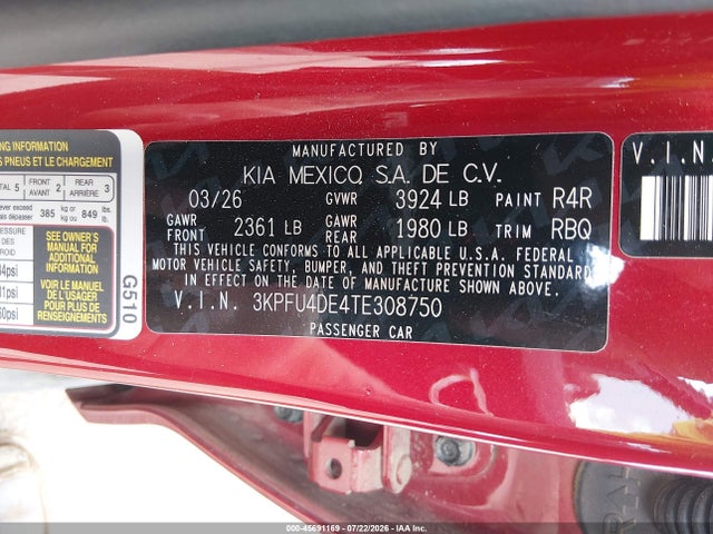 Aukcja sprzedaży 2026 Kia K4 Ex, vin: 3KPFU4DE4TE308750, numer aukcji: 45691169