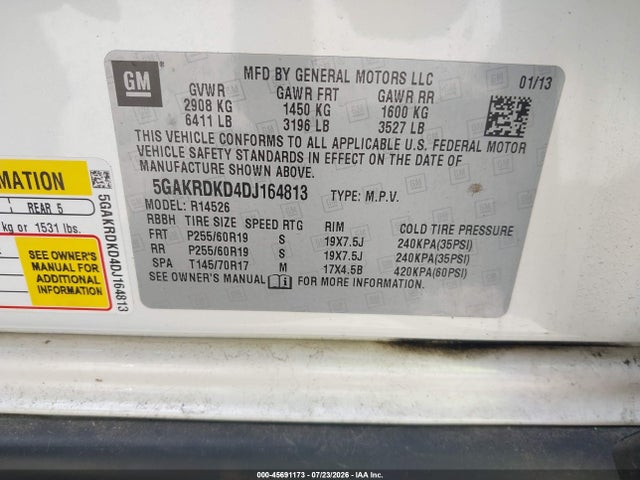 45691173 :رقم المزاد ، 5GAKRDKD4DJ164813 vin ، 2013 Buick Enclave Premium مزاد بيع