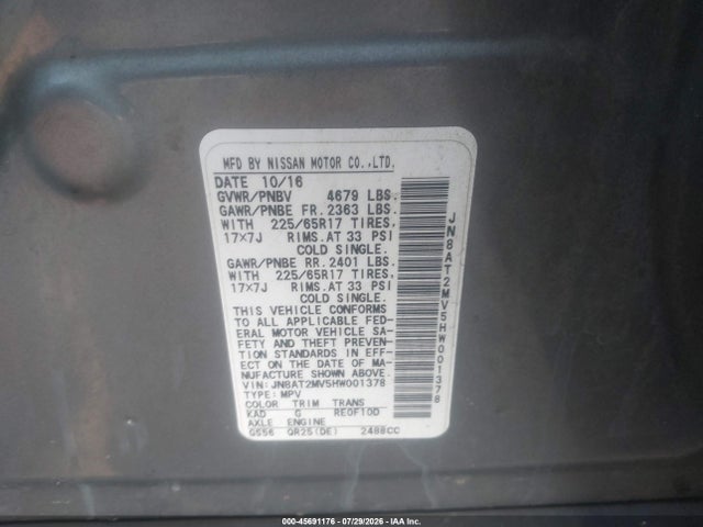2017 Nissan Rogue S მანქანა იყიდება აუქციონზე, vin: JN8AT2MV5HW001378, აუქციონის ნომერი: 45691176