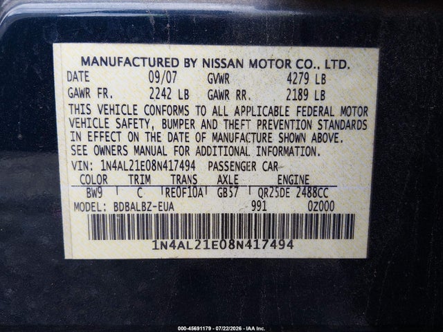 2008 Nissan Altima 2.5 S მანქანა იყიდება აუქციონზე, vin: 1N4AL21E08N417494, აუქციონის ნომერი: 45691179