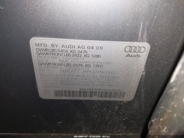 2009 Audi Q5 3.2 Premium მანქანა იყიდება აუქციონზე, vin: WA1KK78R79A048367, აუქციონის ნომერი: 45691197