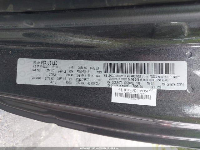 45691210 :رقم المزاد ، 3C6JR6DG1KG504003 vin ، 2019 Ram 1500 Classic مزاد بيع