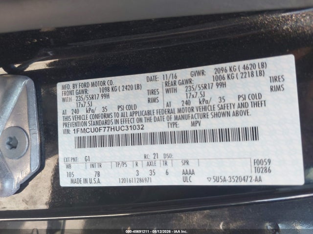 45691211 :رقم المزاد ، 1FMCU0F77HUC31032 vin ، 2017 Ford Escape S مزاد بيع