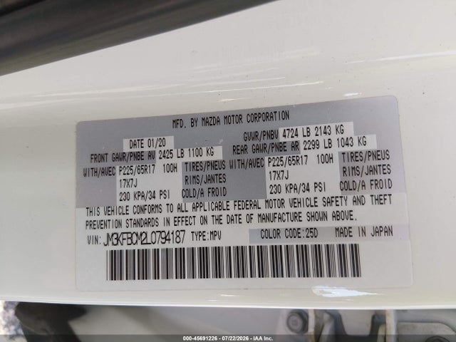Продажа на аукционе авто 2020 Mazda Cx-5 Touring, vin: JM3KFBCM2L0794187, номер лота: 45691226