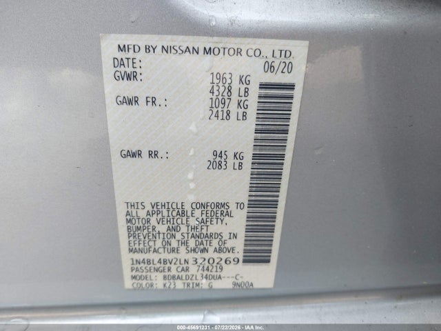 2020 Nissan Altima S Fwd მანქანა იყიდება აუქციონზე, vin: 1N4BL4BV2LN320269, აუქციონის ნომერი: 45691231