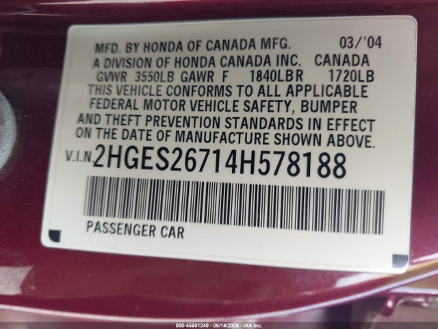 2004 Honda Civic Ex მანქანა იყიდება აუქციონზე, vin: 2HGES26714H578188, აუქციონის ნომერი: 45691240