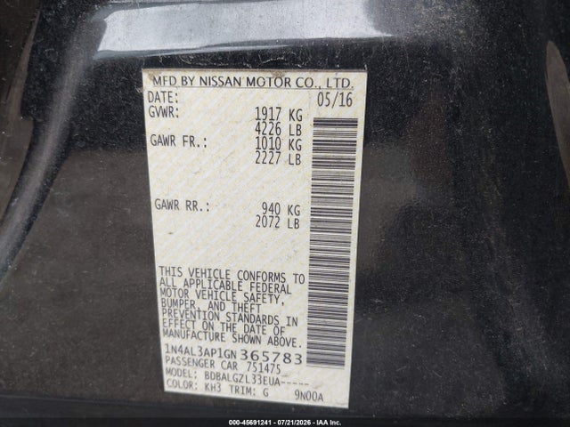 Aukcja sprzedaży 2016 Nissan Altima 2.5/2.5 S/2.5 Sl/2.5 Sr/2.5 Sv, vin: 1N4AL3AP1GN365783, numer aukcji: 45691241