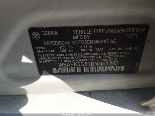 Aukcja sprzedaży 2011 Bmw 328i Xdrive, vin: WBAPK5G51BNN81342, numer aukcji: 45691251