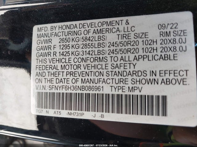 2022 Honda Pilot Awd Sport მანქანა იყიდება აუქციონზე, vin: 5FNYF6H36NB086961, აუქციონის ნომერი: 45691267