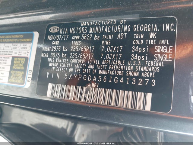 Aukcja sprzedaży 2018 Kia Sorento 3.3l Lx, vin: 5XYPGDA56JG413273, numer aukcji: 45691269