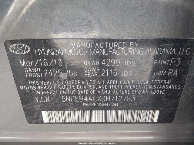 Auction sale of the 2013 Hyundai Sonata Gls, vin: 5NPEB4ACXDH712783, lot number: 45691286