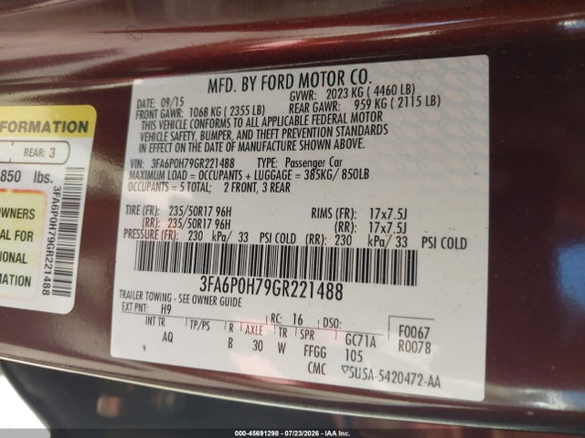 Ford FUSION SE 2016 3FA6P0H79GR221488 Image 9