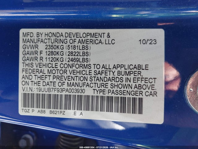 45691304 :رقم المزاد ، 19UUB7F93PA003930 vin ، 2023 Acura Tlx Type S - Hp Wheel And Tire مزاد بيع